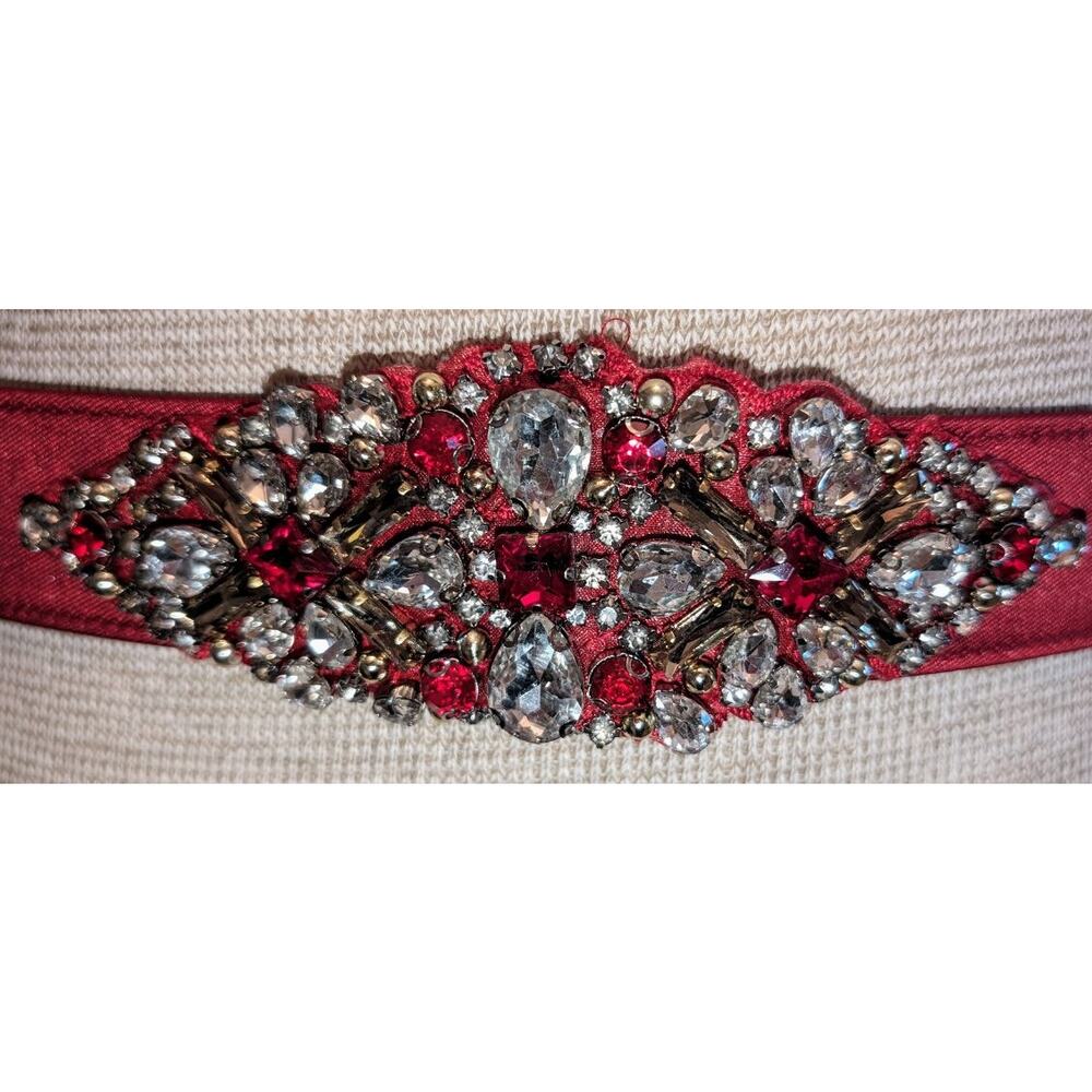Eliza J Rhinestone Wine Red Formal AdjustableSnap Fabric Faux Leather Belt Sz 10